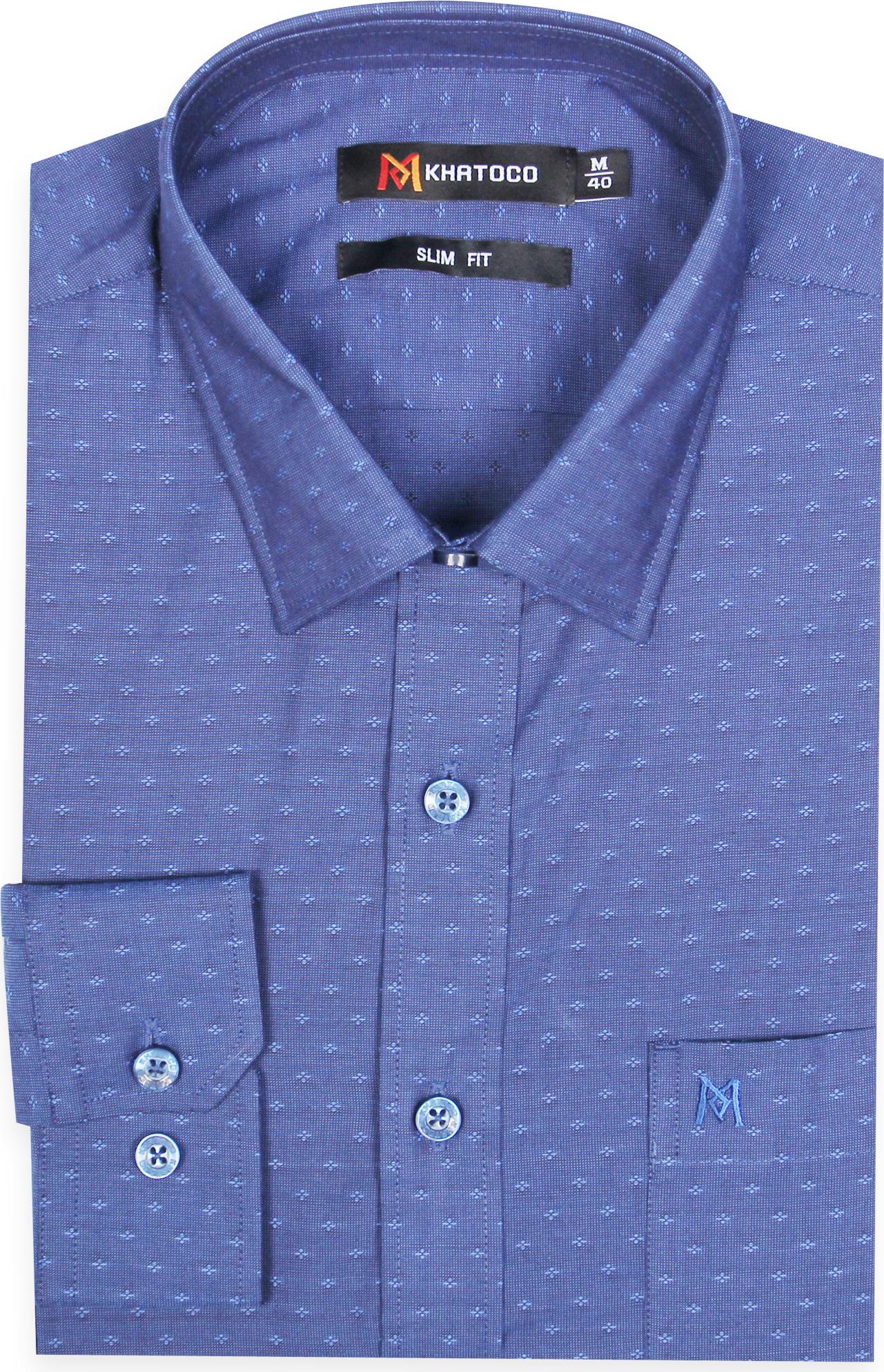 Áo sơ mi nam tay dài form slim màu xanh dương họa tiết Khatoco A1MD388S1-THCR032-2009-D