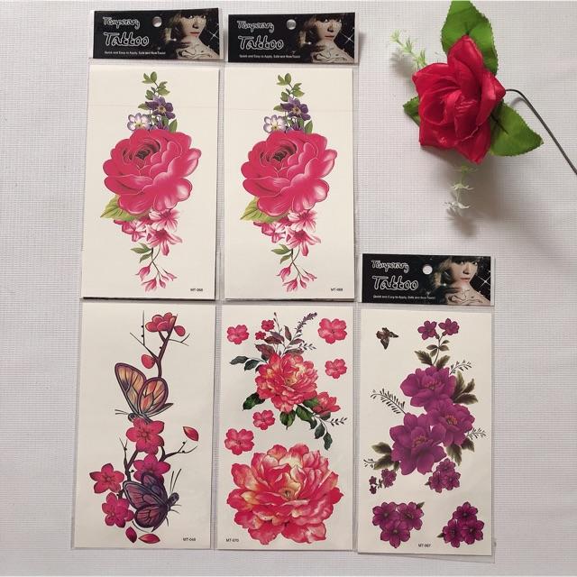 Combo 5 tấm hình xăm dán hoa mẫu đơn 10x20cm- mua 2 combo tặng đồng size