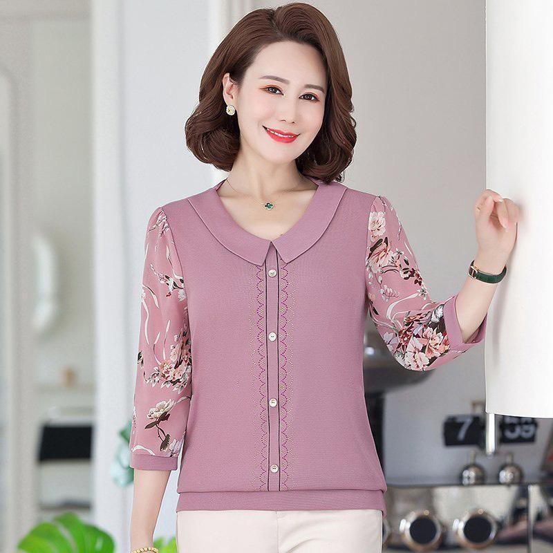 Áo kiểu trung niên nữ đẹp, Sơ mi tay phối họa tiết voan hoa cổ bẻ, Chất liệu thun cotton mềm mát, Quà xinh tặng mẹ yêu