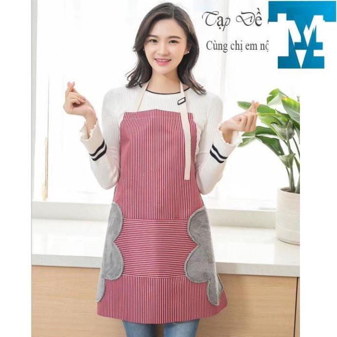 Tạp dề kẻ hoa có khăn lau tay bên hông, tạp dề chống thấm nước