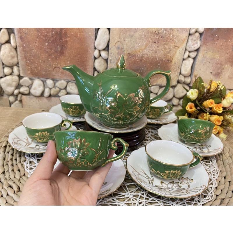 Bộ ấm chen sen vẽ vàng đủ 3 màu cơ bản cực đẹp hàng chuẩn Bát Tràng