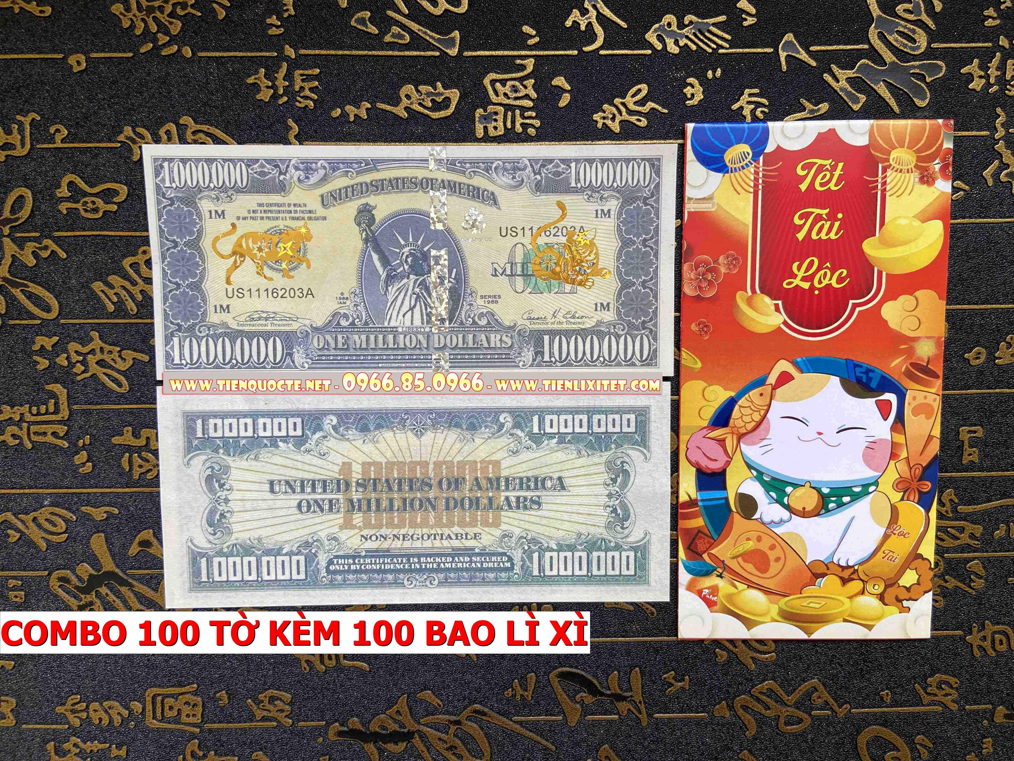 Cặp 100 tấm Lì xì tiền 2023 Tiền 1 Triệu Con mèo May Mắn Quý Mão, tặng kèm bao đỏ tài lộc 2023 CQTLNLGD02342