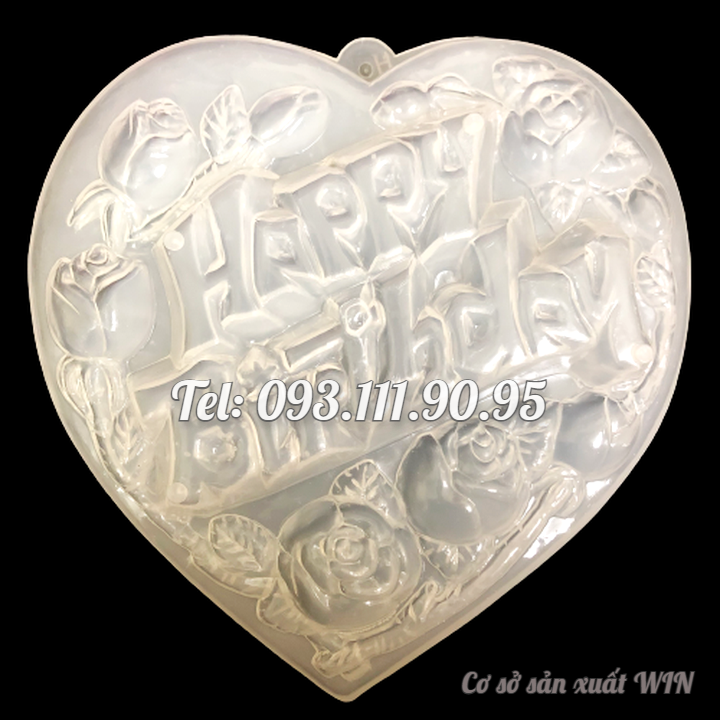Khuôn rau câu sinh nhật Happy Birthday hoa hồng – Khuôn hình tim loại 20 cm - Mã số 1091