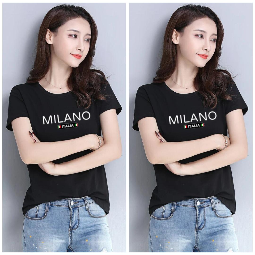 Áo thun nữ MXM cổ tròn form suông vừa in chữ Milano thun cotton 4 chiều từ 40-55kg ( ANU031 )