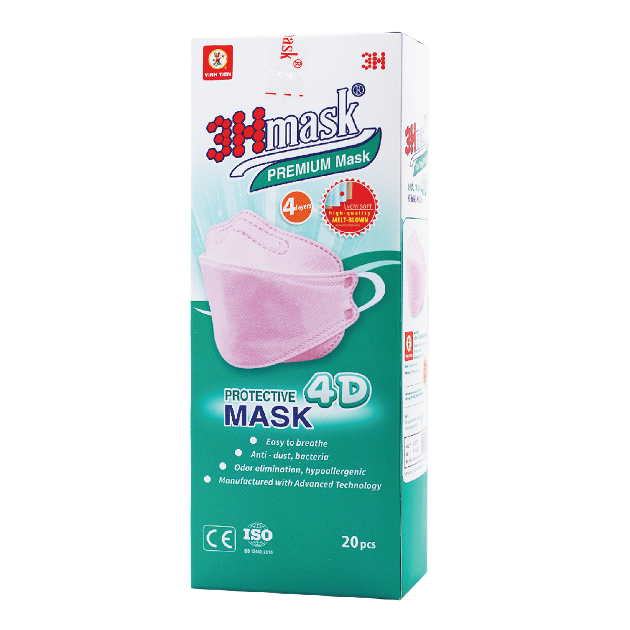 Khẩu Trang 3Hmask 4D Quai Bản Hồng (20 cái) - Kháng Khuẩn Cao Cấp ôm khít mặt, không đau tai, không lem son