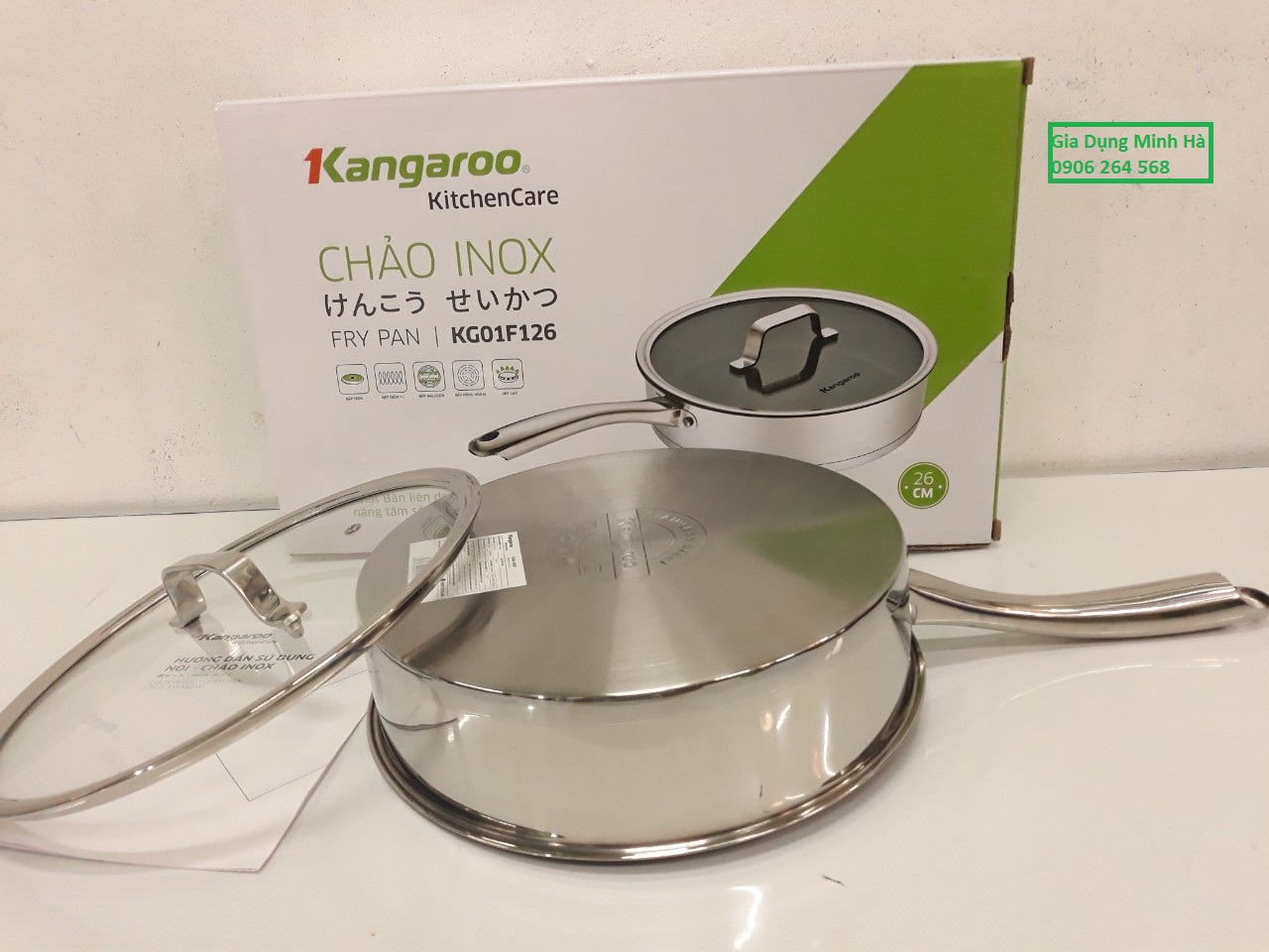 Chảo inox chống dính đáy từ nắp kính 26 cm Kangaroo KG01F126 hàng chính hãng