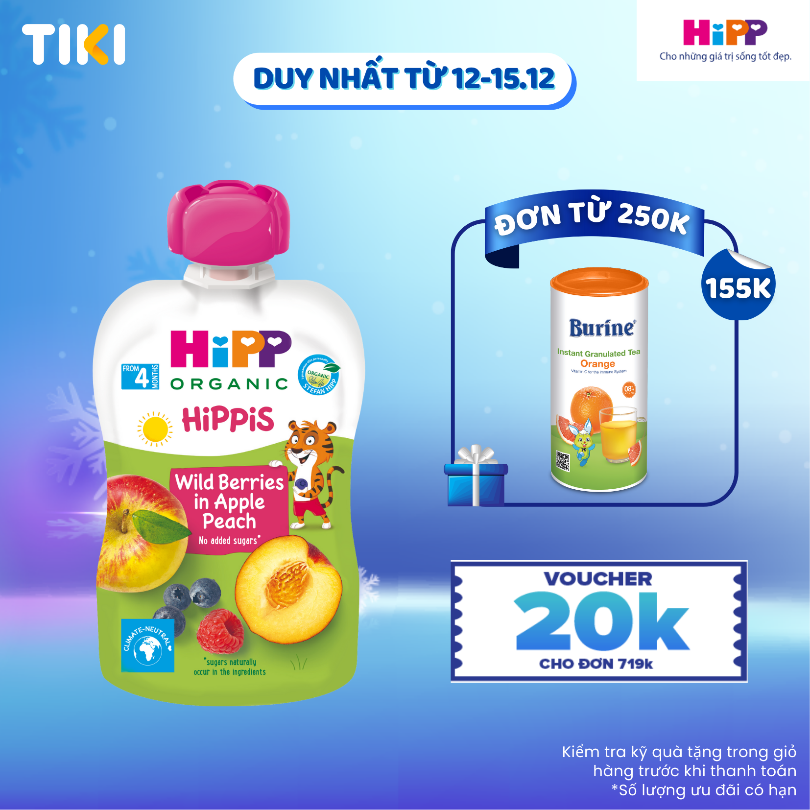 Dinh dưỡng 100% Trái cây nghiền Organic HiPPiS Dâu rừng, Táo, Đào