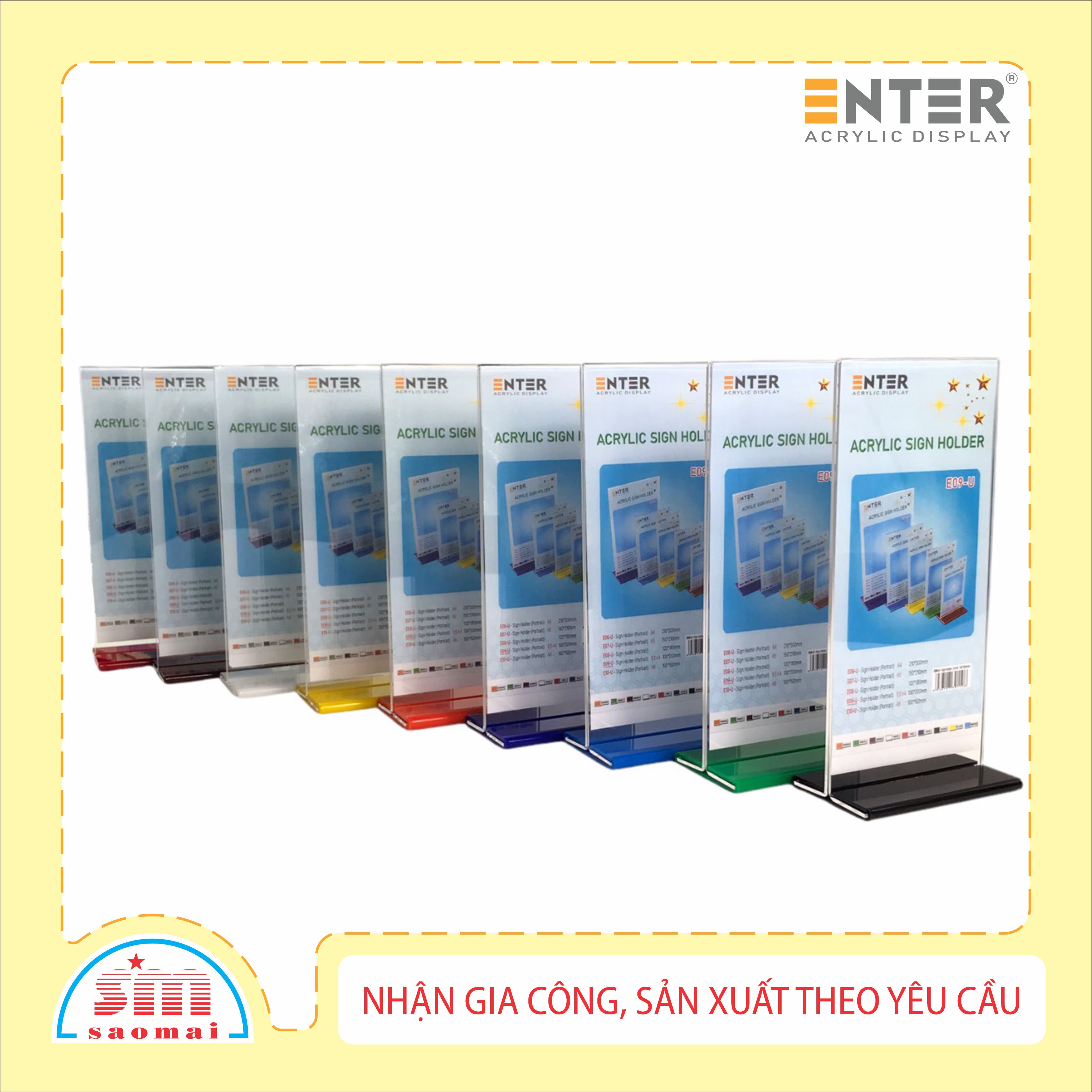 Kệ menu nhà hàng, Standee mica để bàn, Bảng quét mã QR Code, Kệ mica 2 mặt Enter E09-U 100x210mm đế lùa uốn bằng