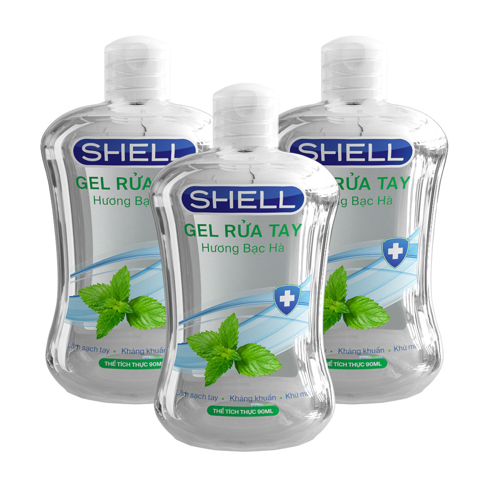 [270ml] Bộ 3 Nước Rửa Tay Khô Shell - Gel Rửa Tay Khô - Hương Bạc Hà - Cồn Hữu Cơ - Chống Vi Khuẩn, Diệt Trùng, Không Hại Da Tay - 90ml/Chai - Ngăn Ngừa Dịch Bệnh - Bảo Vệ Cơ Thể