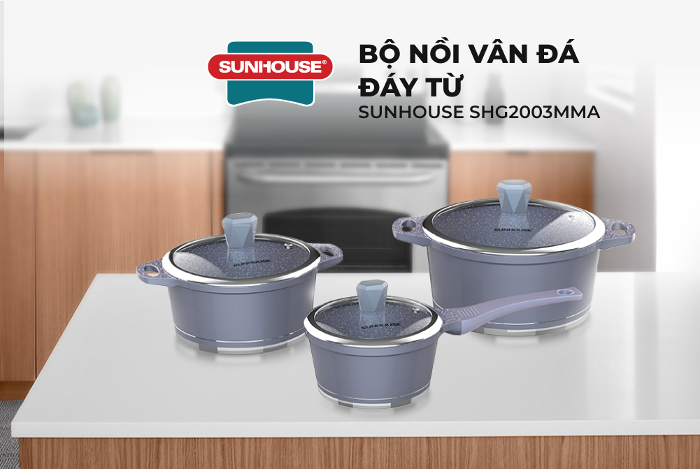 Bộ 3 Nồi Quánh Vân Đá Đáy Từ Sunhouse SHG2003MMA (16cm, 20cm, 24cm) - Vung kính cường lực, Dùng trên mọi loại bếp - Hàng chính hãng