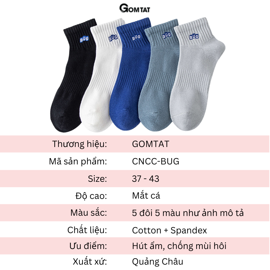 Set 5 đôi Tất nam cổ ngắn chất liệu cotton cao cấp, vớ cổ thấp nam mềm mại thoáng mát 5 đôi sử dụng cả tuần - CNCC-BUG