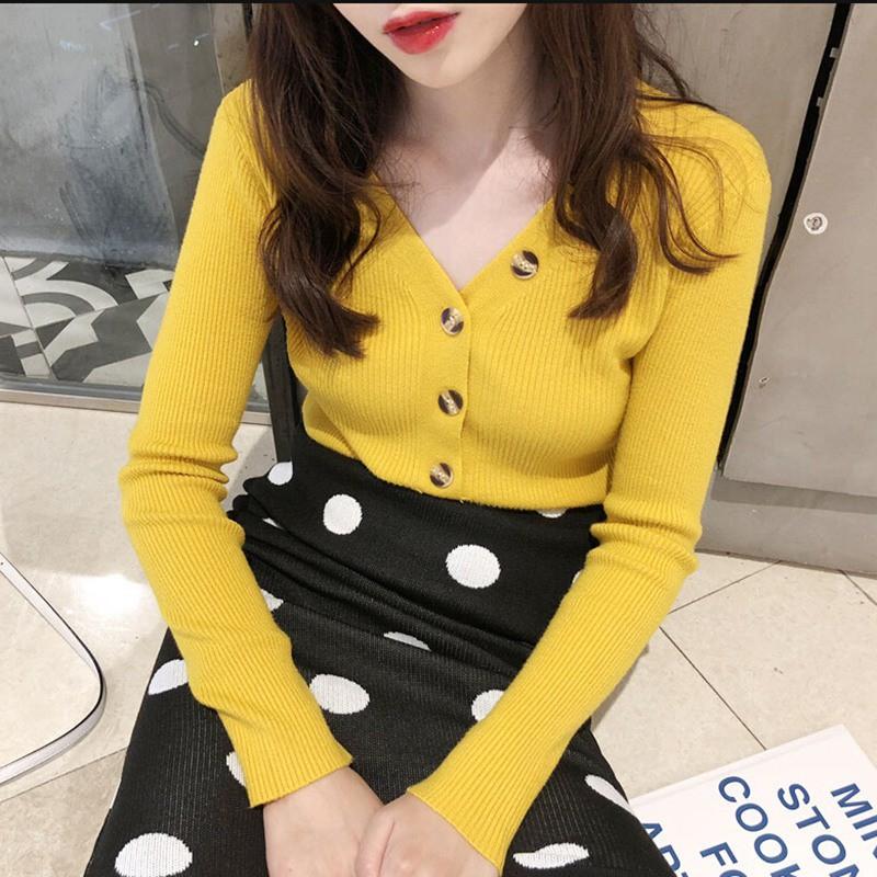 Áo dệt kim nữ tay dài cổ chữ V dáng ôm