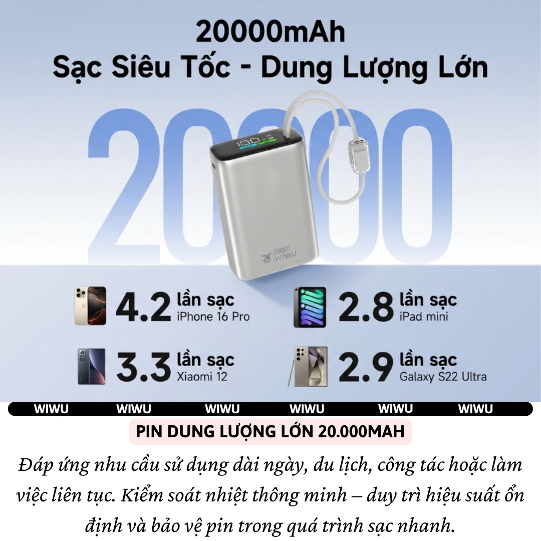 Pin dự phòng WIWU PowerPlus PD 3.0 45W 20.000mAh tích hợp cáp USB-C &amp; L(iP) sạc nhanh cho iPhone iPad Laptop Macbook - sạc nhanh ổn định, tối ưu hiệu suất, Chuẩn an toàn 3C / CCC / CE / RoHS,  Thiết kế nhỏ gọn, cao cấp - hàng nhập khẩu