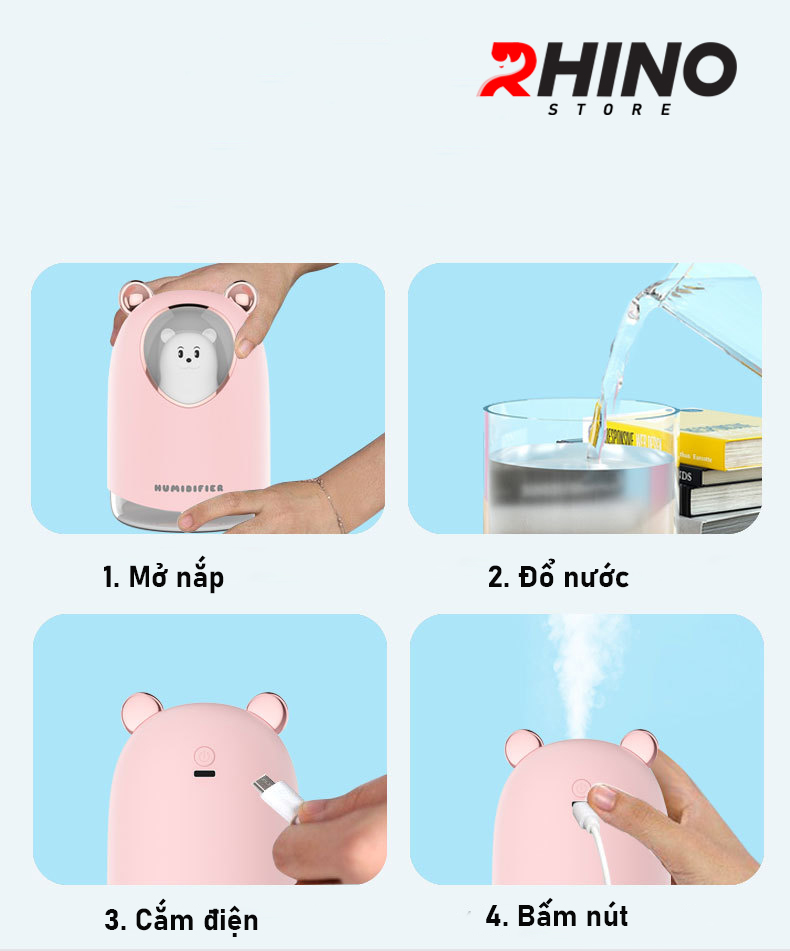 Máy phun sương tạo ẩm Rhino H904 dung tích 300ml, nhỏ gọn, không gây tiếng ồn, tích hợp đèn ngủ RGB nhiều màu - Hàng chính hãng