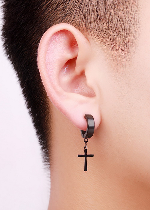 Bông tai kẹp thánh giá tòn ten BT380, Khuyên tai thánh giá kẹp thời trang unisex - Màu đen