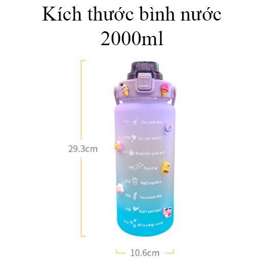 Bình nước 2l tặng sticker có vạch báo chia giờ uống nước, có ống hút,  nhỏ gọn có thể mang đi nhiều nơi - K1312