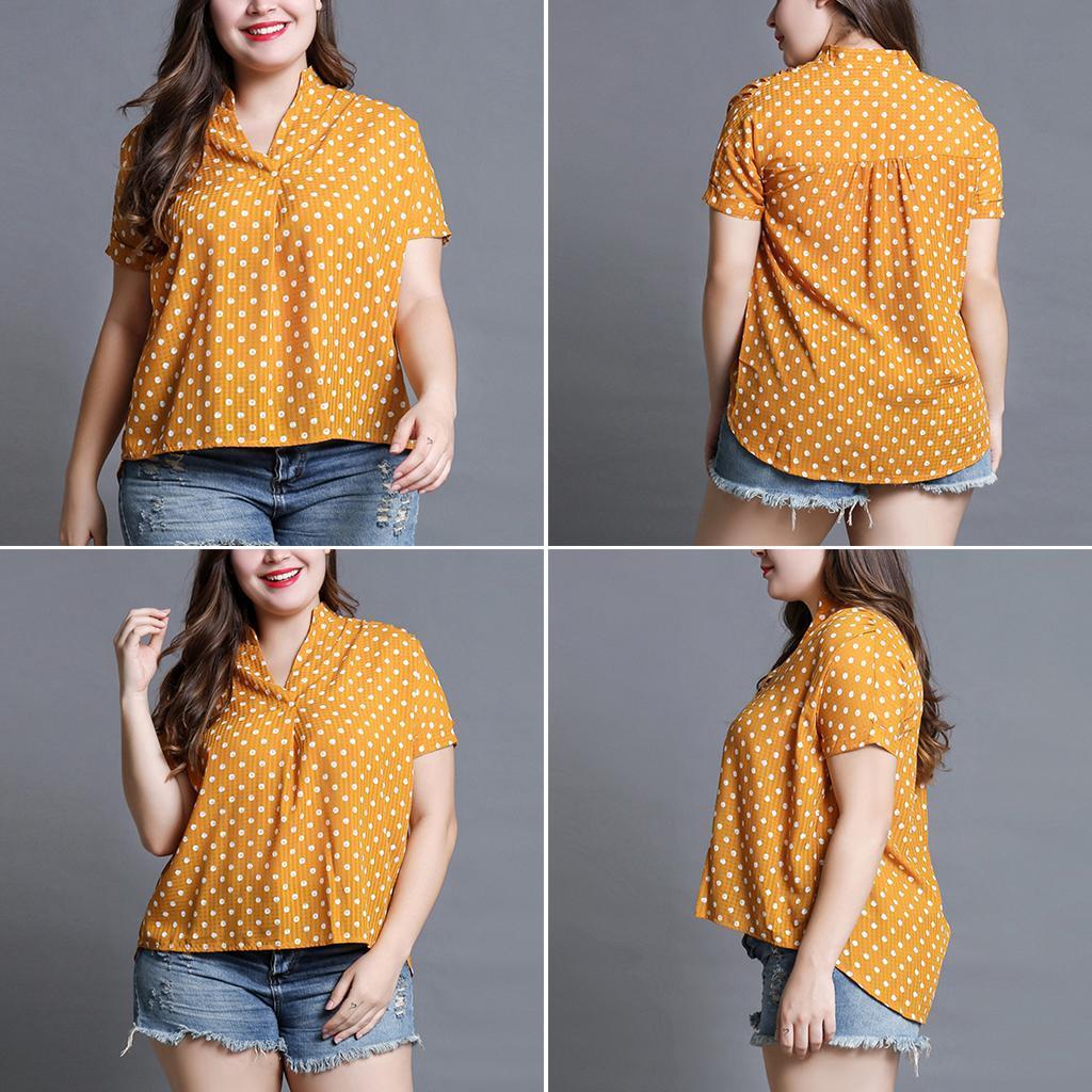 Womens Plus Size Polka Dot Short Sleeve Stand Collar V Neck Flare T-Shirt Yellow