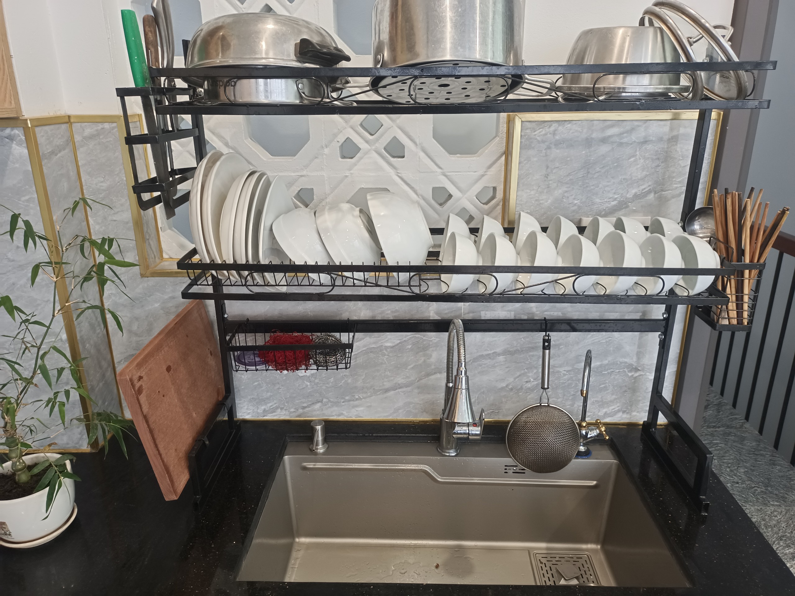 Mẫu mới / Giá Xưởng Tận Gốc. Kệ Úp Chén Bát 2 tầng sơn tĩnh điện màu đen đa năng tiện ích chính hãng