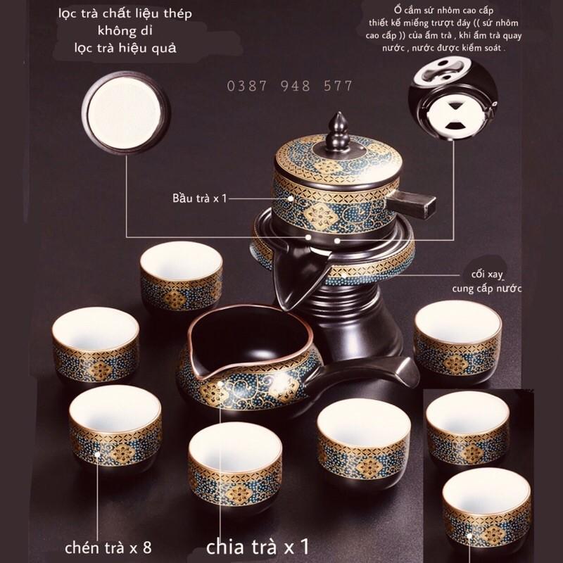 Combo - Khay + Bộ ấm chén pha trà đẹp cối xay gốm sứ cao cấp,Bộ chén uống trà đạo 18 chi tiết hoa cẩm xanh -MK2