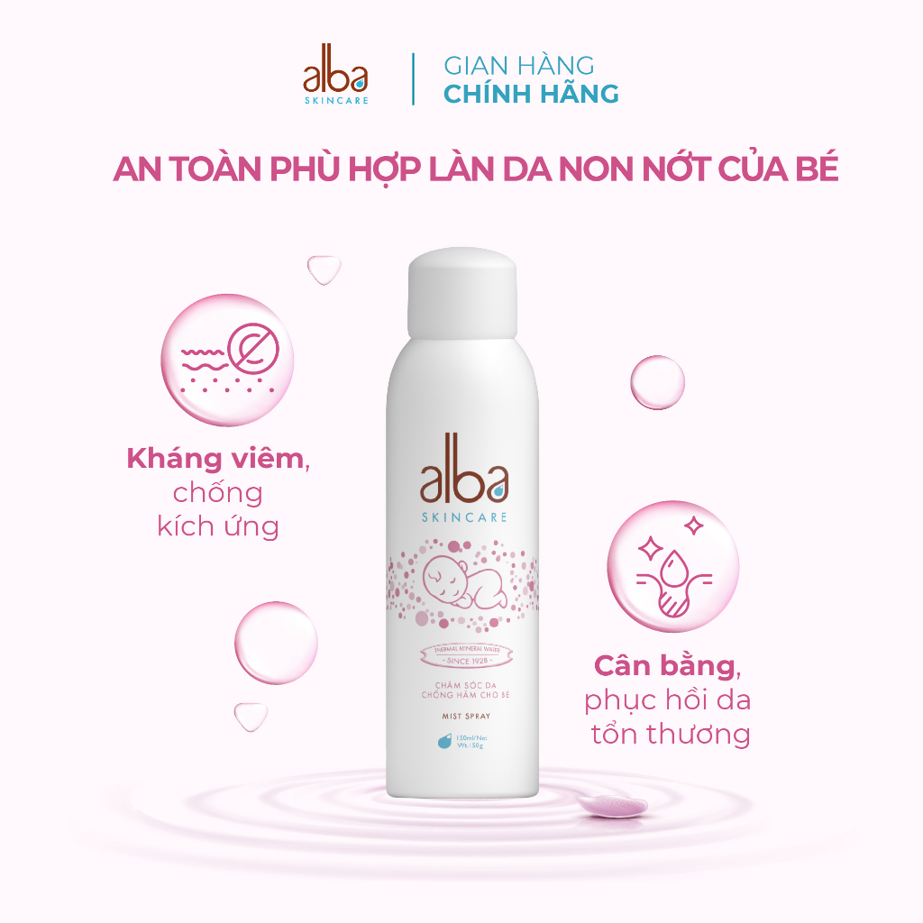 Xịt khoáng trẻ em Alba Skin Care - Chống hăm khô rôm sẩy do bỉm giúp da bé mịn màng - An toàn không gây kích ứng 150ml