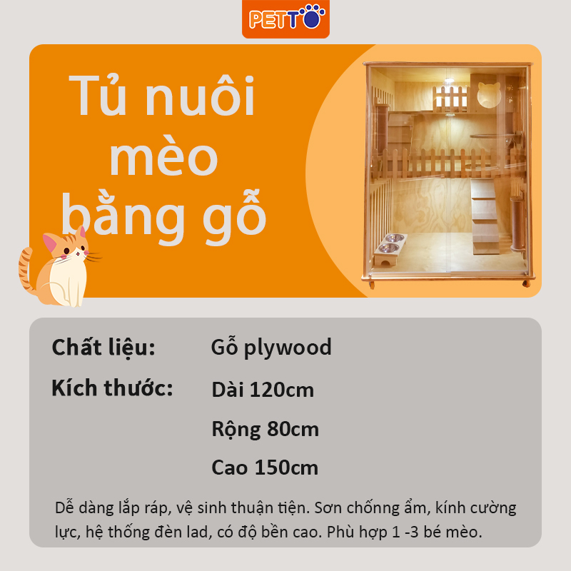 Tủ nuôi mèo sang trọng khách sạn cho bằng GỖ 3 tầng kết hợp ĐÈN LED sang trọng SẢN XUẤT TẬN XƯỞNG CC007_2