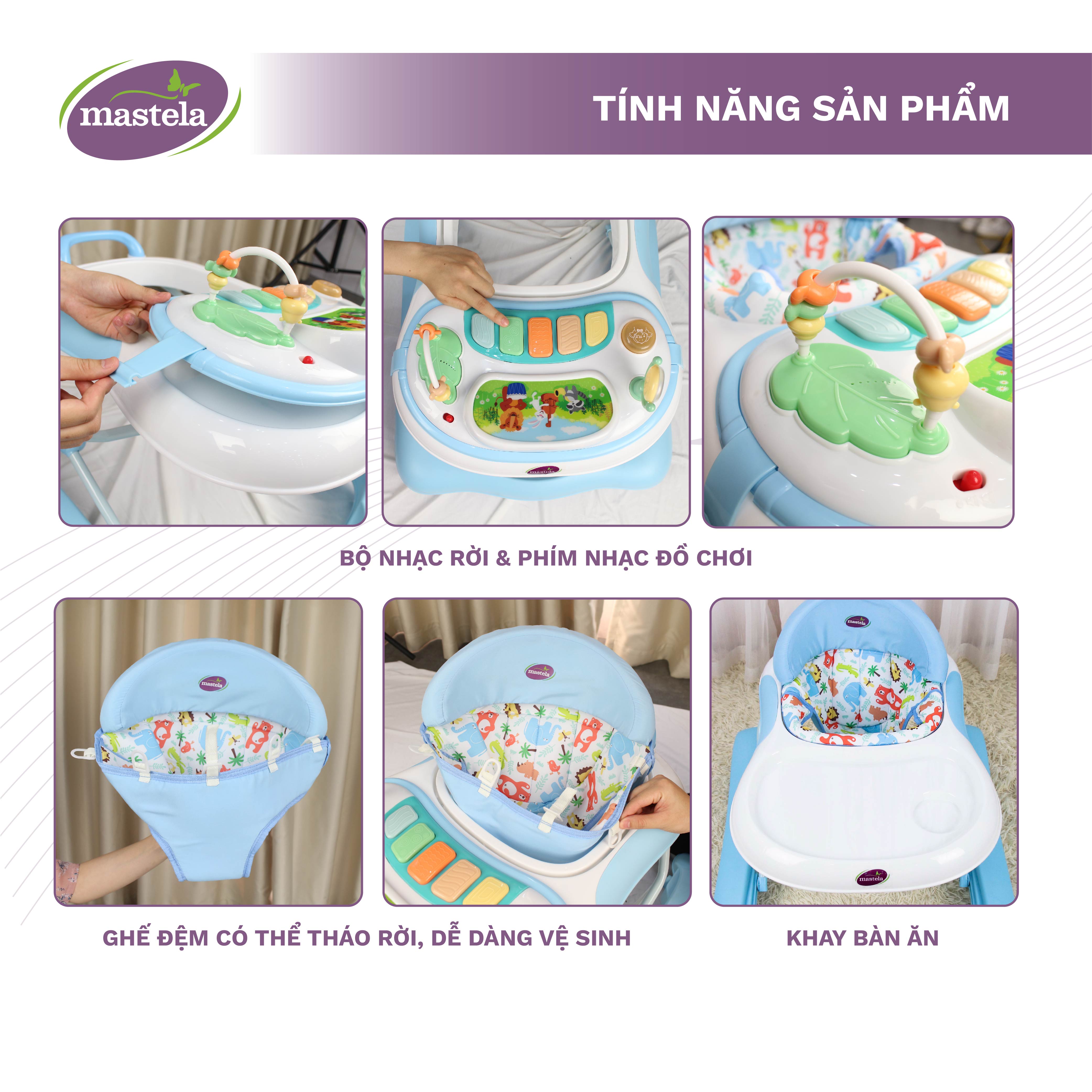 Xe tập đi cho bé Mastela W1123 - Xe tập đi đa năng kèm đồ chơi và nhạc với thiết kế chữ U nâng hạ độ cao và bánh xe cao su hãm đà Tiêu chuẩn JIS Nhật Bản