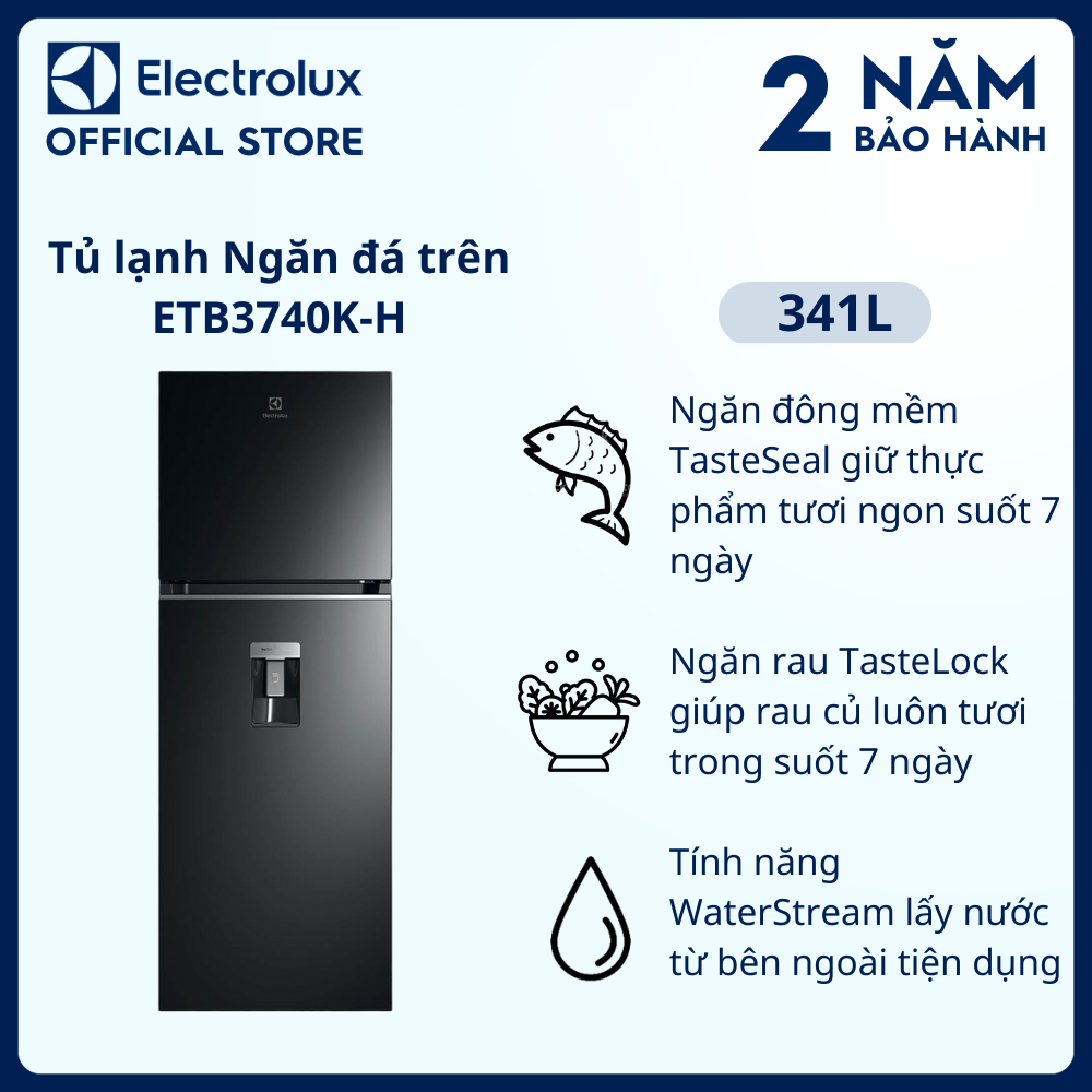Tủ lạnh Electrolux Inverter ngăn đá trên có ngăn đông mềm 341 lít - ETB3740K-H - Lấy nước từ bên ngoài, khử mùi diệt khuẩn, tươi ngon suốt 7 ngày