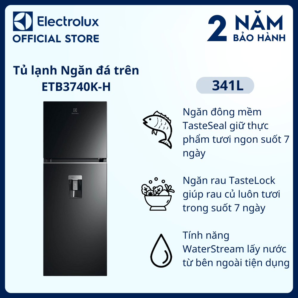 [Miễn phí giao hàng toàn quốc] Tủ lạnh Electrolux Inverter UltimateTaste 300 ngăn đá trên có ngăn đông mềm 341 lít - ETB3740K-H - Lấy nước từ bên ngoài, khử mùi diệt khuẩn, tươi ngon suốt 7 ngày [Hàng chính hãng]