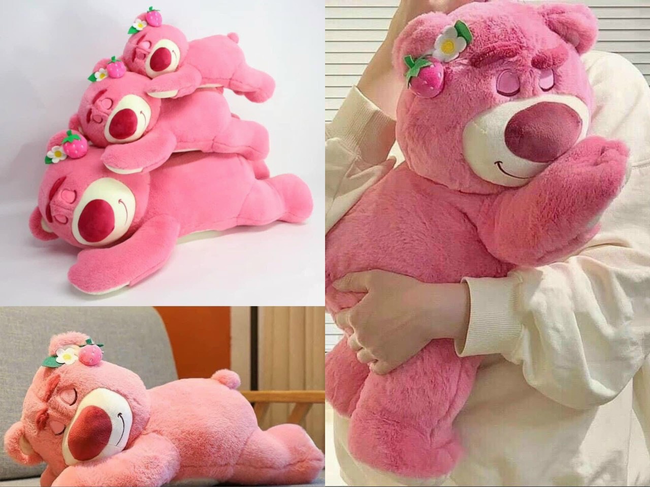 Gấu Bông LOTSO HUGGIN BEAR Lông Xù Tai Dâu Nằm Ngủ Đáng Yêu
