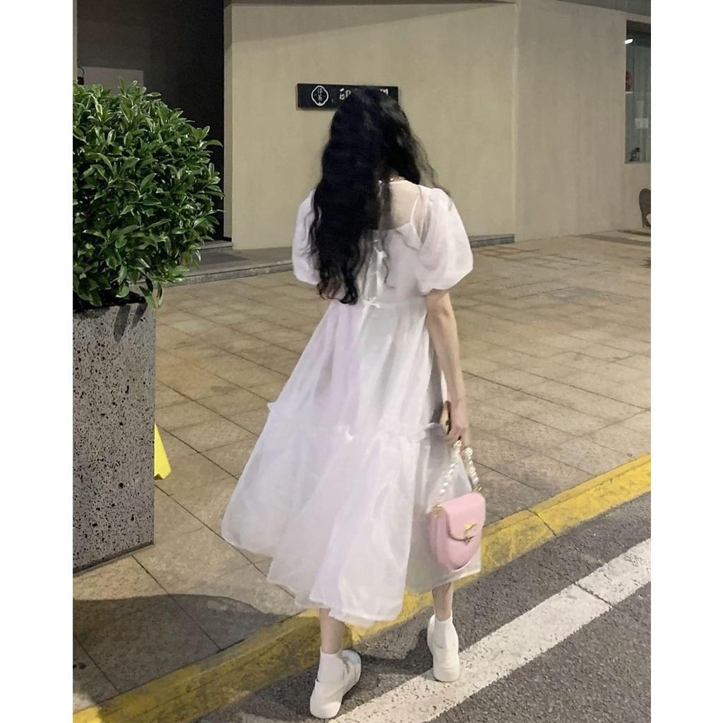 Váy Trắng 2 Lớp Nơ Ngực To Màu Trắng Ulzzang Hàn Quốc