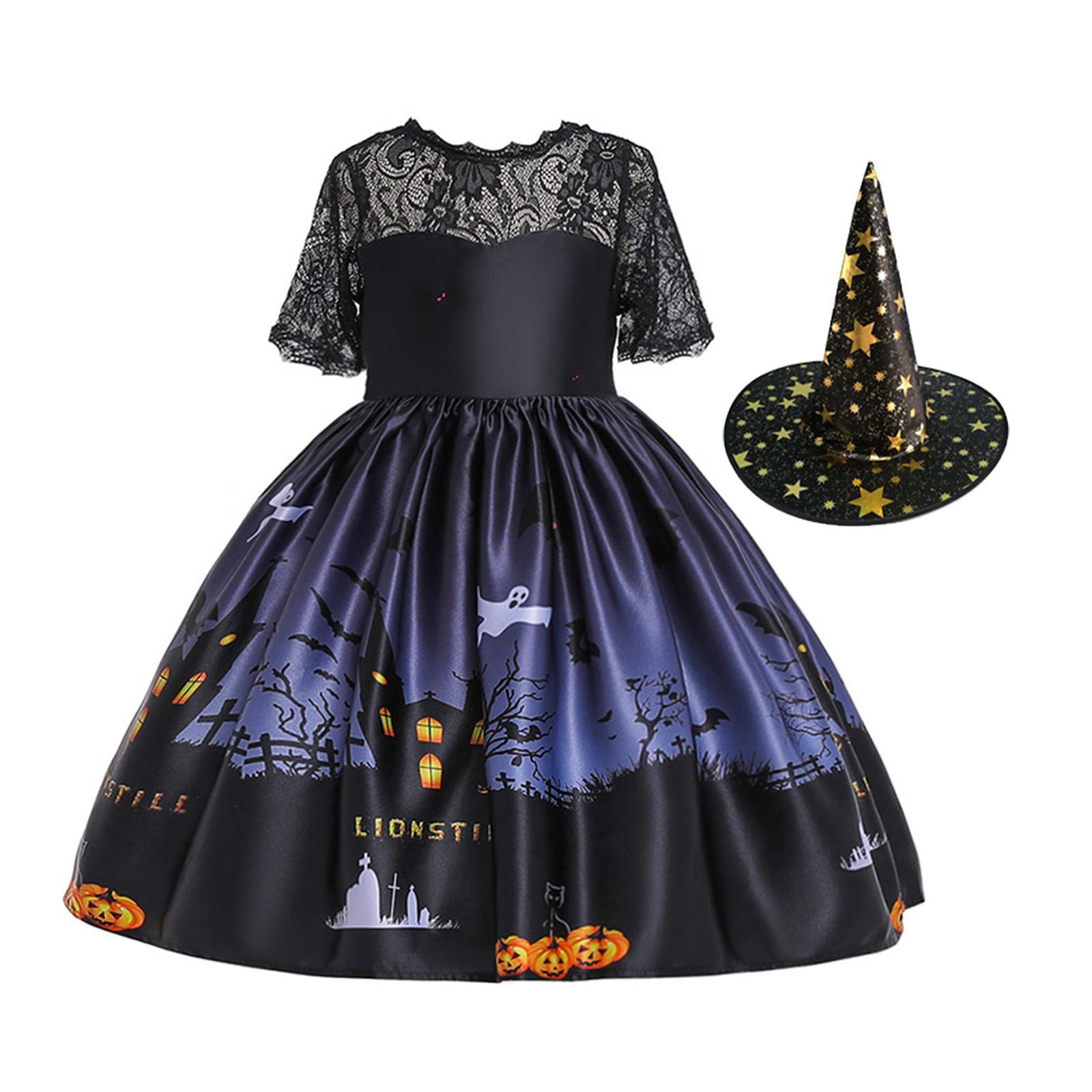 Girl Witch Halloween Costume Dress Cosplay Fancy Dress Pumpkin Printed with Witch Hats Toddler Dresses for Carnival Dress up Birthday Party