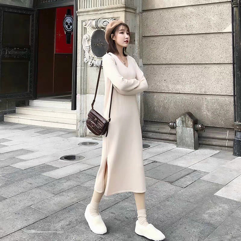 Váy suông nữ, đầm suông dài tay cổ tim xẻ tà chất len gân 2 màu