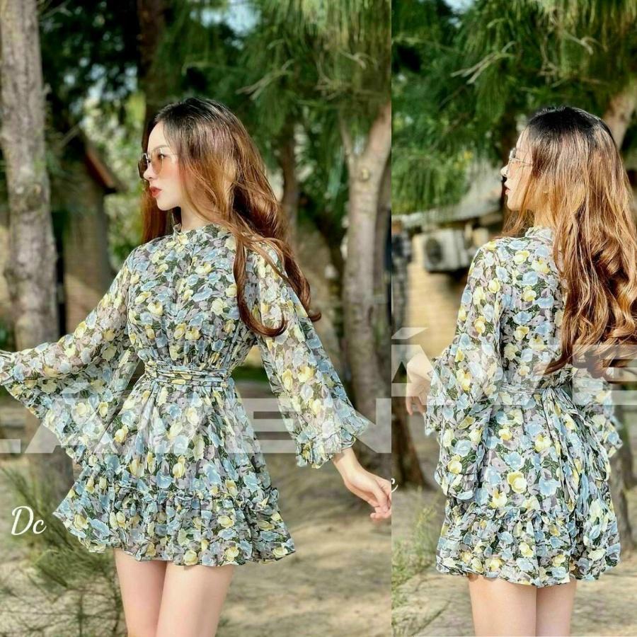 Đầm váy hoa dáng xòe tay loe màu sắc xanh tiểu thư công chúa sang chảnh dự tiệc dạo phố thời trang XM Minh Phúc