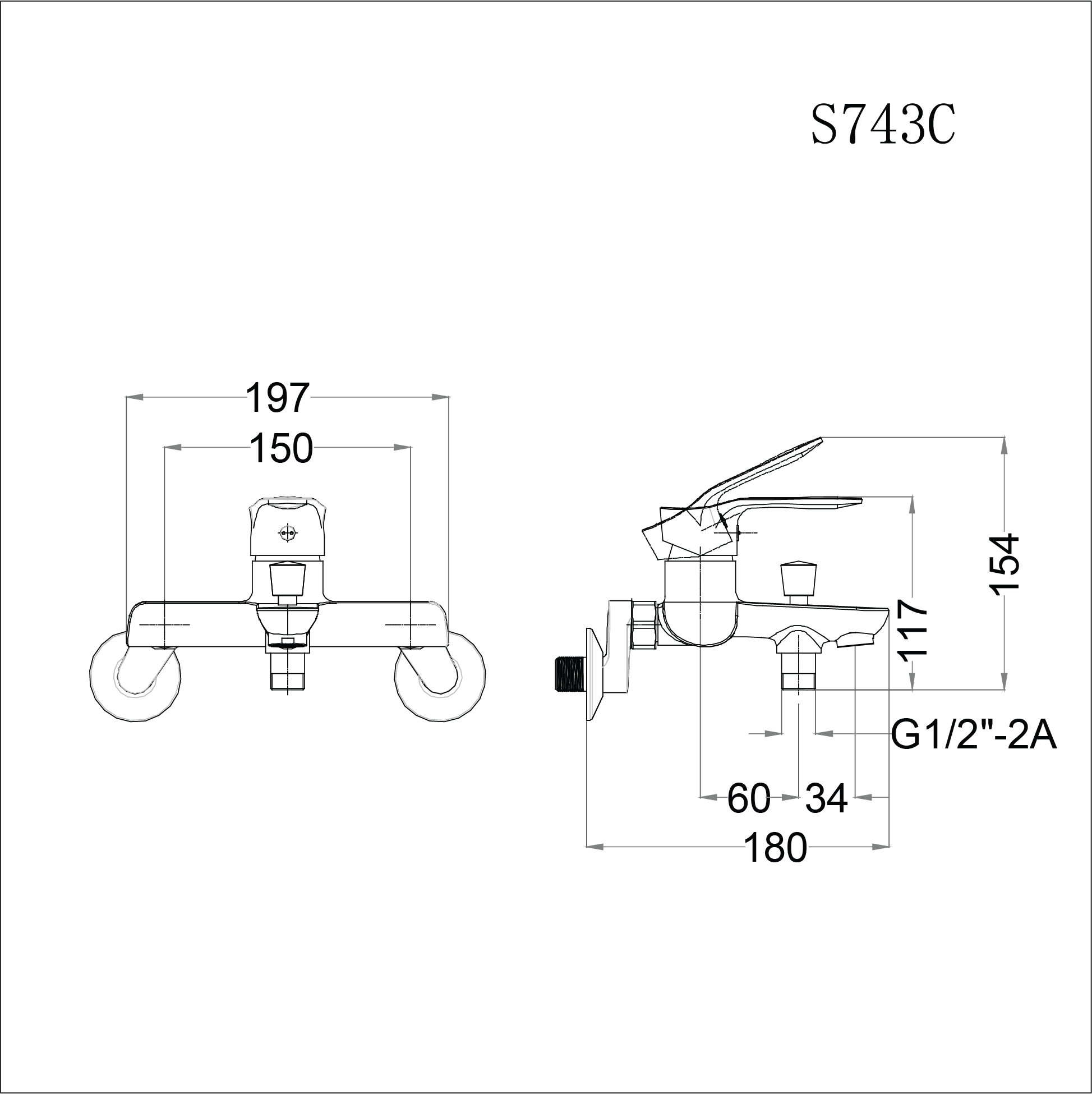 Vòi sen tắm nóng lạnh gắn tường tay sen ba chế độ Caesar S743C (trọn bộ)