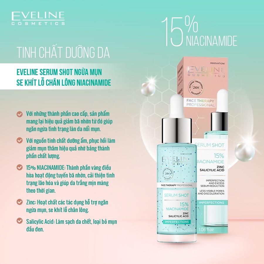 [Tặng son dưỡng môi] Tinh chất dưỡng da Eveline Serum Shot ngừa mụn, se khít lỗ chân lông Niacinamide 30ML