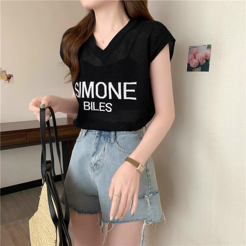 Áo lưới len Montoghi dệt kim in chữ SIMONE BILES tay hến cổ V hàng Quảng Châu xinh xắn