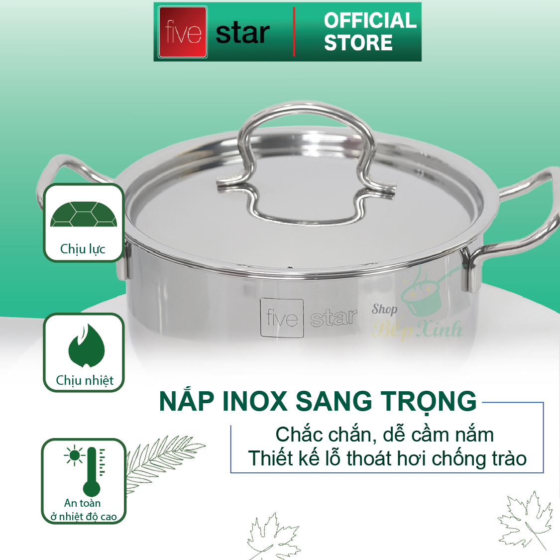 Nồi inox 3 đáy sandwich inox 430 FiveStar Standard bếp từ nắp inox tặng 2 vá canh