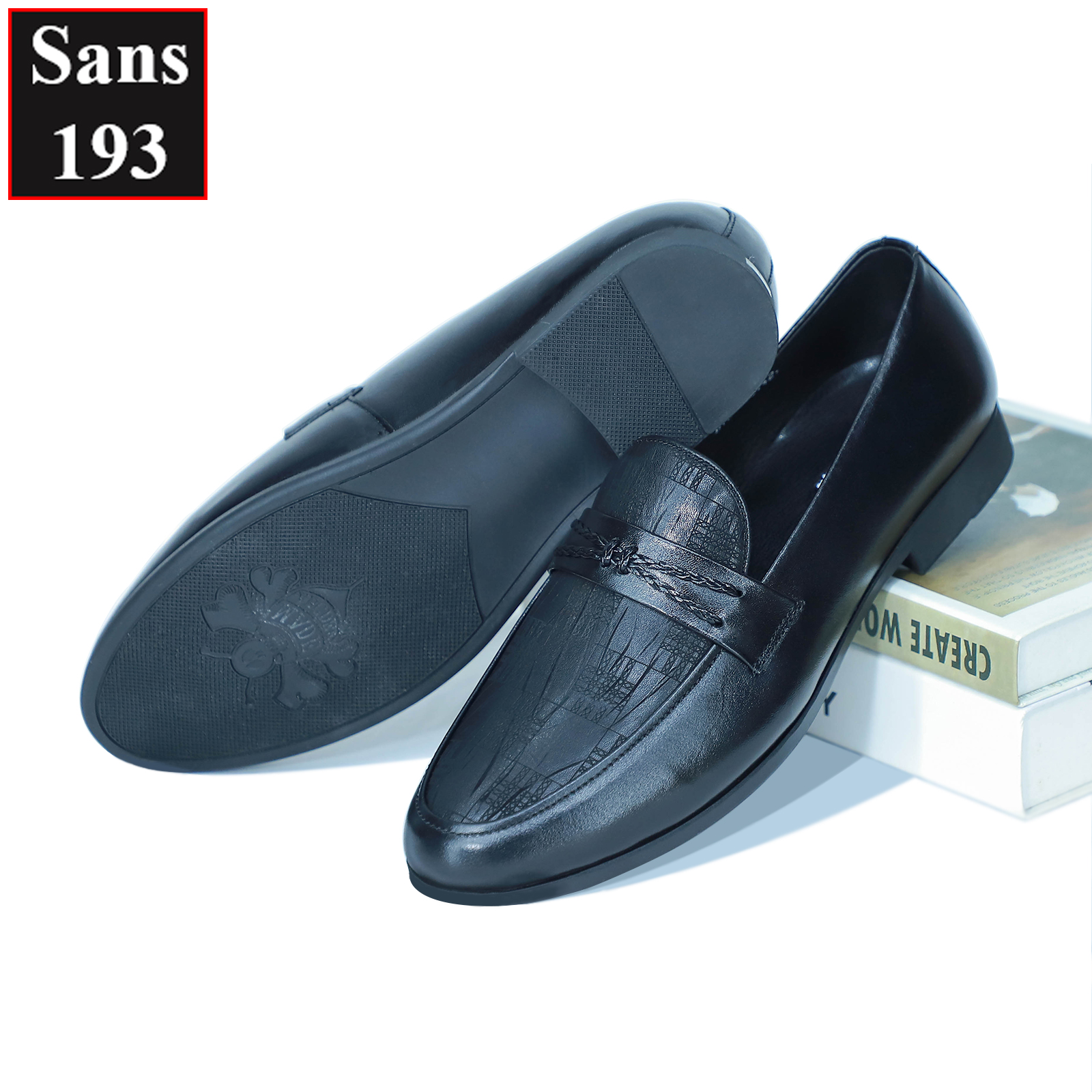 Giày lười nam da bò thật Sans193 penny loafer hoạ tiết đẹp cao cấp giầy mọi moca công sở đen thời trang hàn quốc