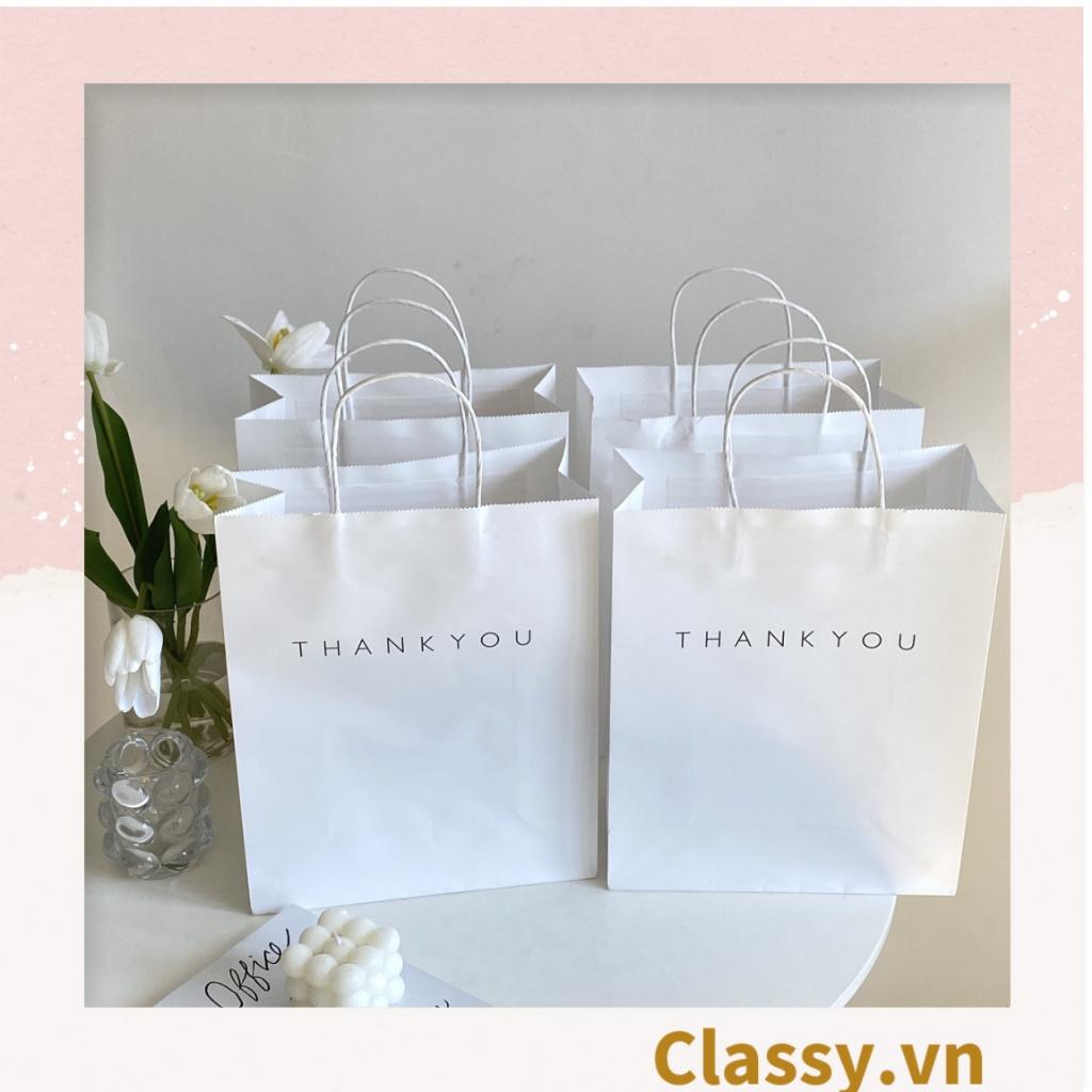 Túi giấy kraft Classy Thank You có quai xách màu trắng, nhiều kích cỡ lựa chọn Q1352