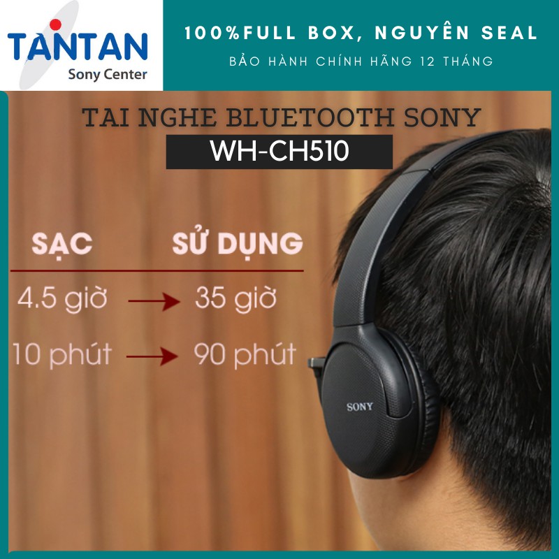 Tai Nghe Choàng Đầu BLUETOOTH Sony WH-CH510 | Pin: 35h ,Sạc nhanh - Cổng USB Type-C - Bluetooth 5.0 - Microphone | Hàng Chính Hãng