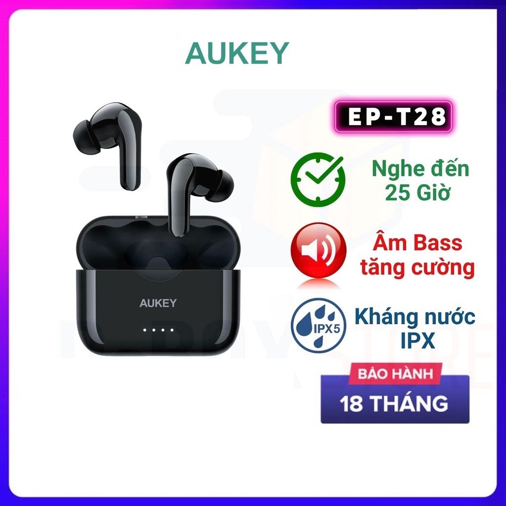 Tai nghe Bluetooth True Wireless Aukey EP-T28 - Bluetooth 5.0 - Pin Tới 25H - Chống Nước IPX5 - Nghe Độc Lập 2 Tai - Hàng Chính Hãng