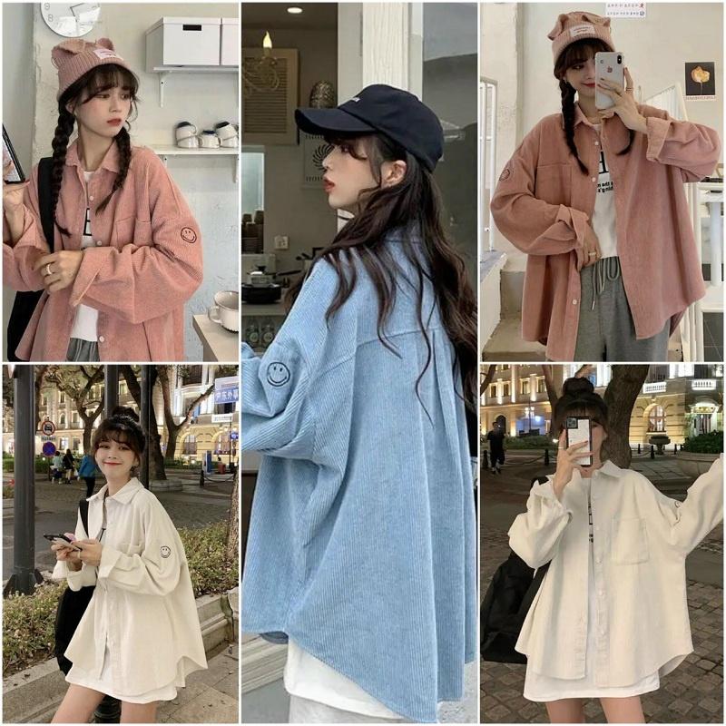 Áo Sơ Mi Nhung MặT Cười Rộng Unisex HOT RẺ ĐẸPÁo Khoác Nhung Gân Thoáng Chống Nắng Tót - Nam Nữ Couple Jacket