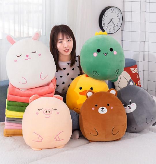 Gối mền tròn cute 3 trong 1 chât nỉ nhung cực mịn, hàng loại 1, bộ chăn gối văn phòng, gấu bông kèm mền GM80-Tron - Heo con