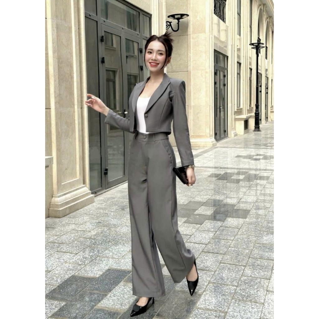 Set Bộ Vest Áo Croptop Quần Ống Suông Sang Trọng
