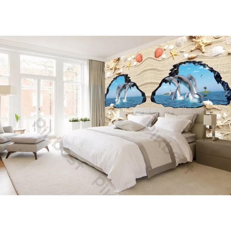 Tranh dán tường Tranh phòng khách phòng ngủ 3D hiện đại dán tường - Đàn Cá Heo và Sao Biển