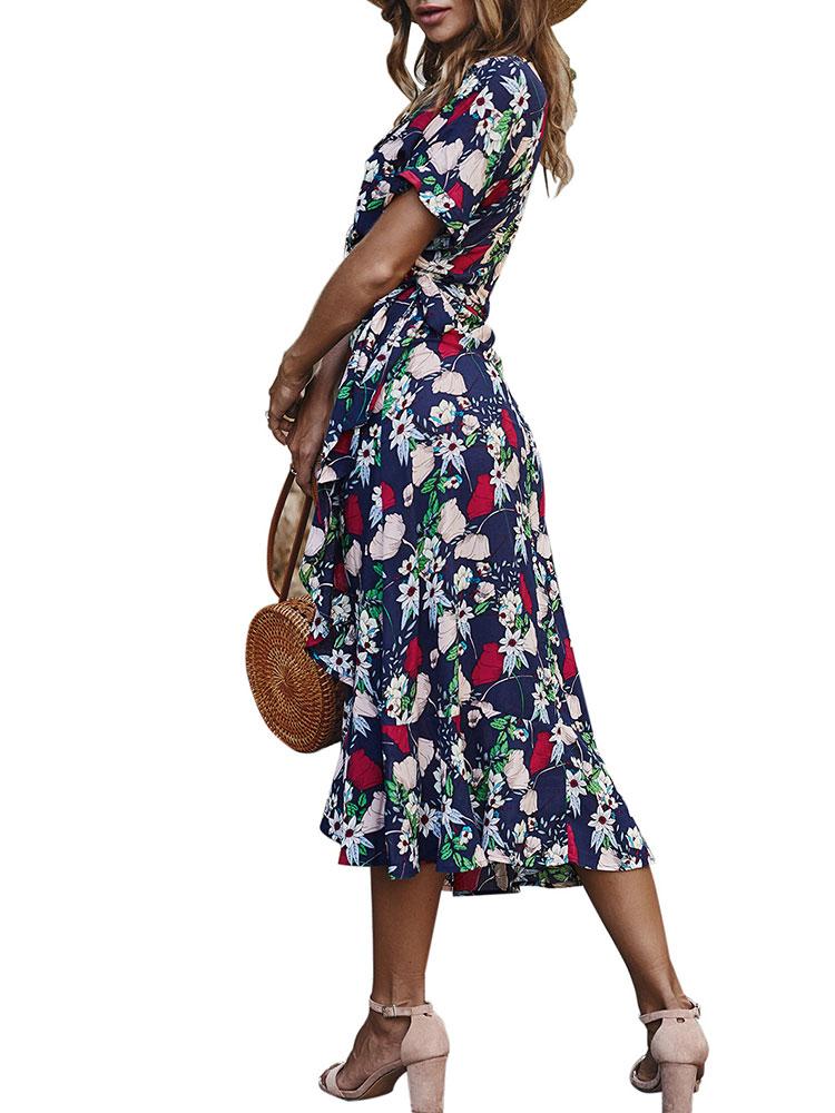Fashion Women Summer Floral Print Dress V Neck Short Sleeve High Waist Sashes Irregular Hem Casual Holiday Beach Dress