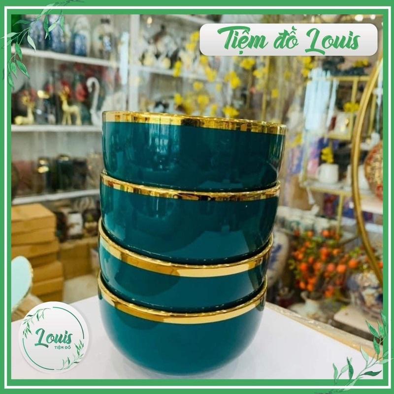 Bát cơm Chén sứ ăn cơm xanh viền vàng cao cấp bản to bộ 6 bát decor phong cách Bắc Âu