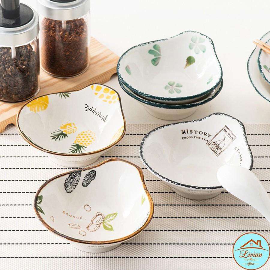 Bát gia vị ,bát ăn dặm bằng sứ có tay cầm họa tiết củ lạc, dứa, Stamp và hình lá xanh- KÈM ẢNH THẬT-HÀNG CÓ SẴN