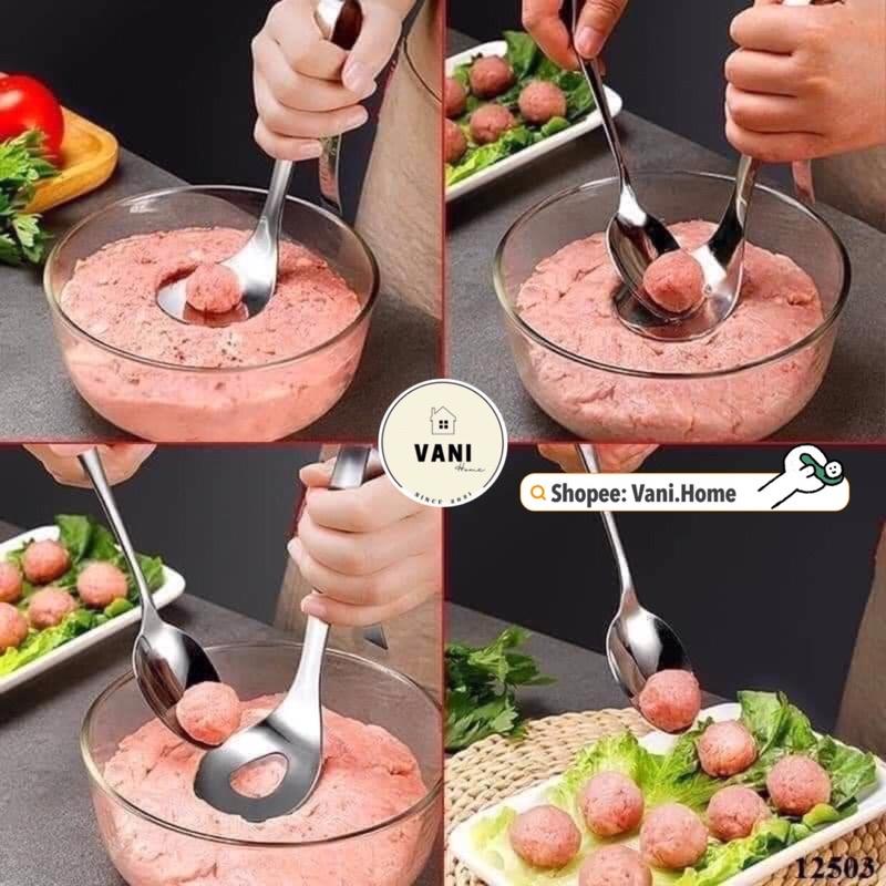 Dụng cụ làm thịt viên, chả viên, bò viên đa năng - Khuôn thìa tạo viên thịt tròn bằng inox cao cấp chống gỉ sáng bóng