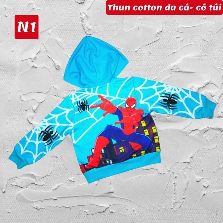 Áo khoác bé trai hình siêu nhân nhện 10-42kg. Chất thun da cá hút mồ hôi- Hình in 3D